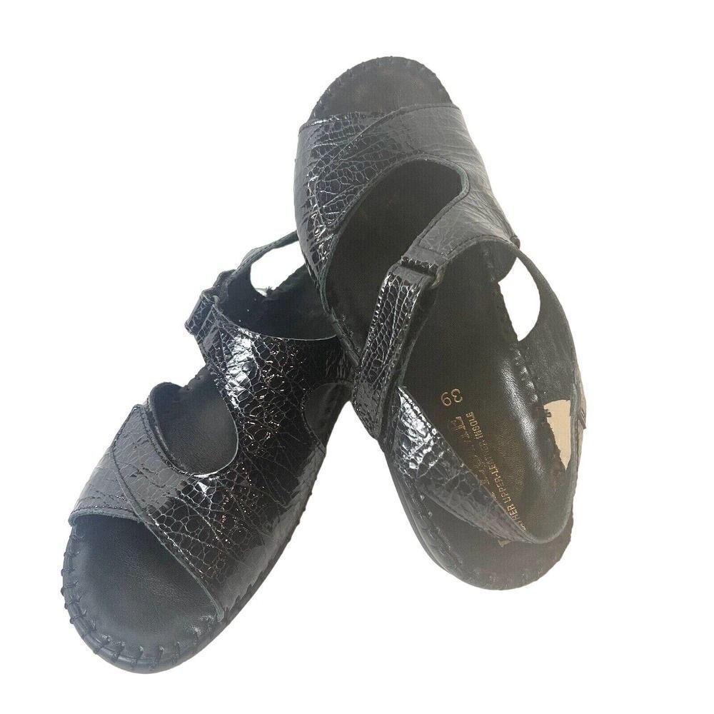 La Plume Black Patent Sandal Women EU 39 US 8.5 Snap/Slip On Comfort Casual Shoe